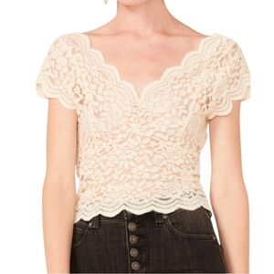 Shyanne Western Wear Women's Ivory Lace Short-Sleeve Crop Top XL